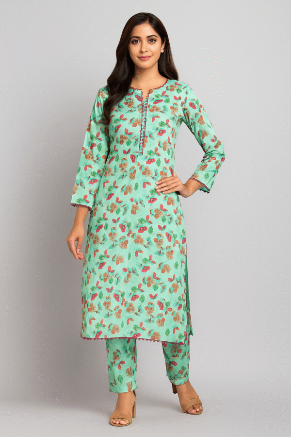Mint Green Floral Printed Viscose 2-Piece Suit