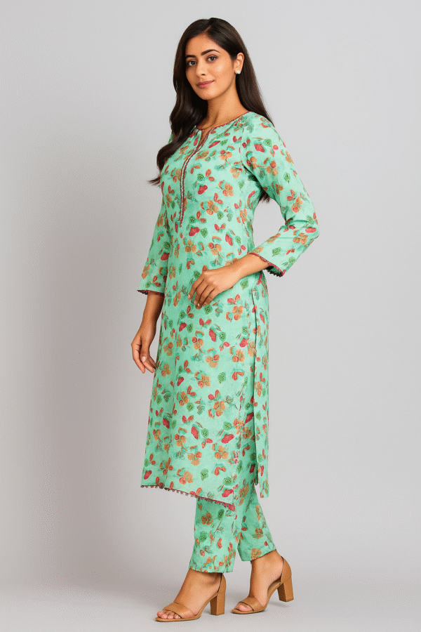 Mint Green Floral Printed Viscose 2-Piece Suit