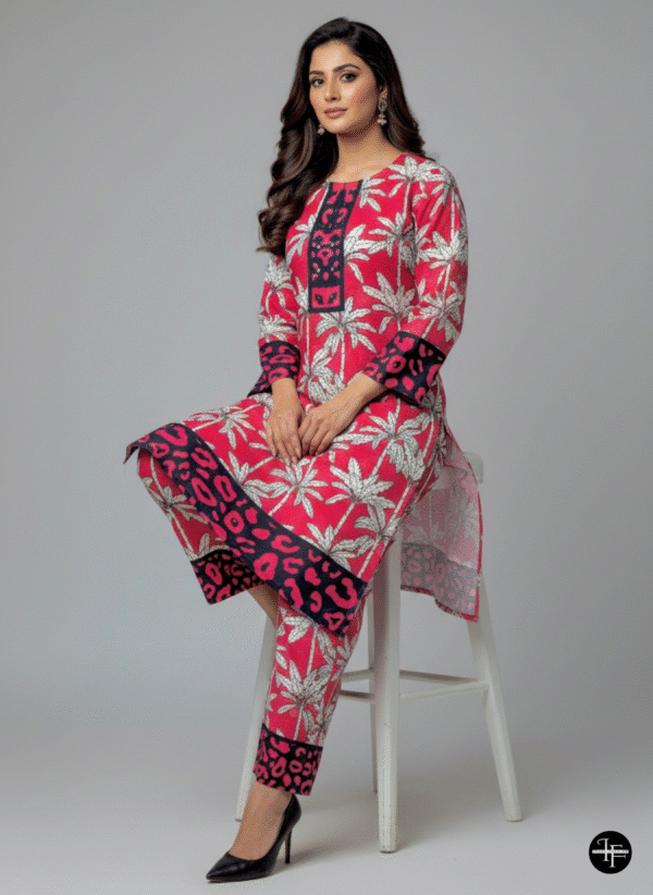 BR 001 Red & Black Palm Leaf Printed Karandi 2-Piece Suit