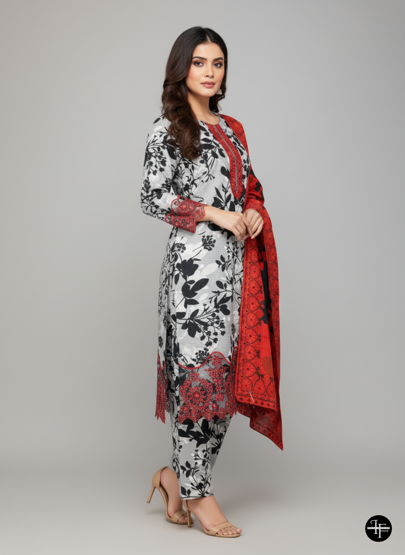 Elegant Black & Red Floral Winter Bana Dora Suit