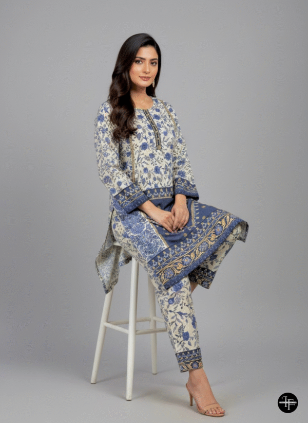 Elegant Cream & Blue Floral Karandi Suit