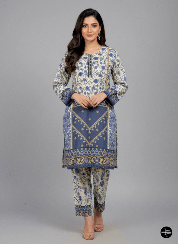 Elegant Cream & Blue Floral Karandi Suit
