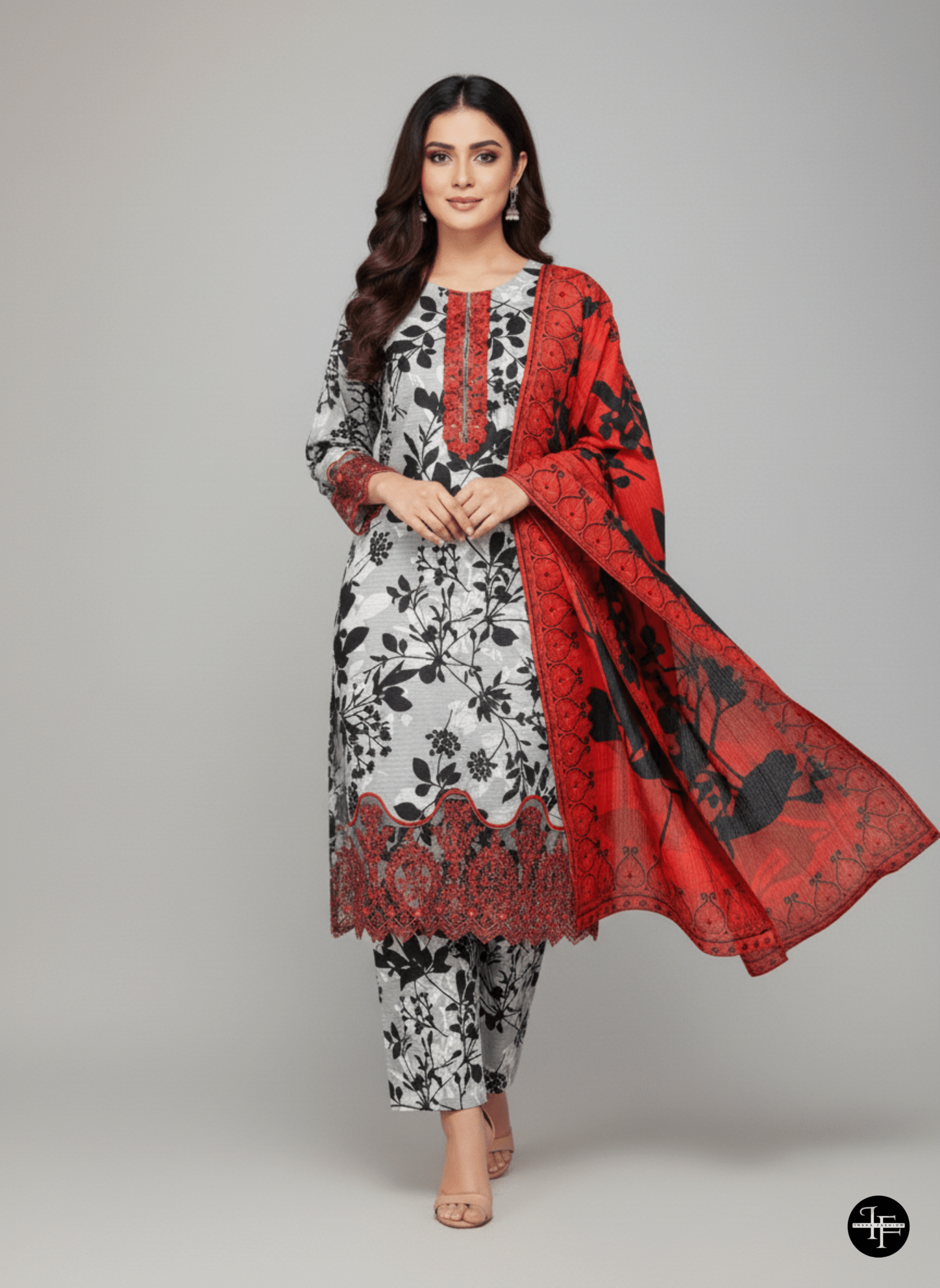 Elegant Black & Red Floral Winter Bana Dora Suit