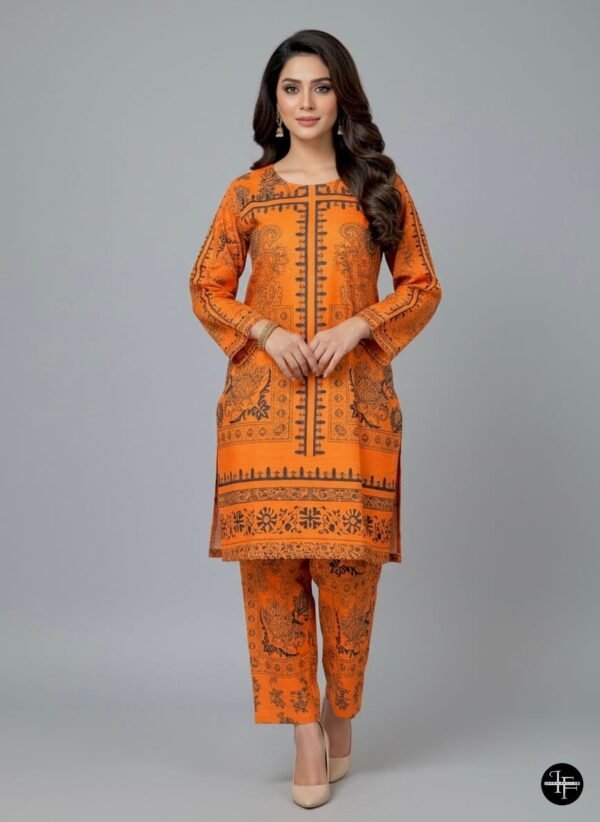 Radiant Orange Traditional Printed Khaddar 2-Piece Suit