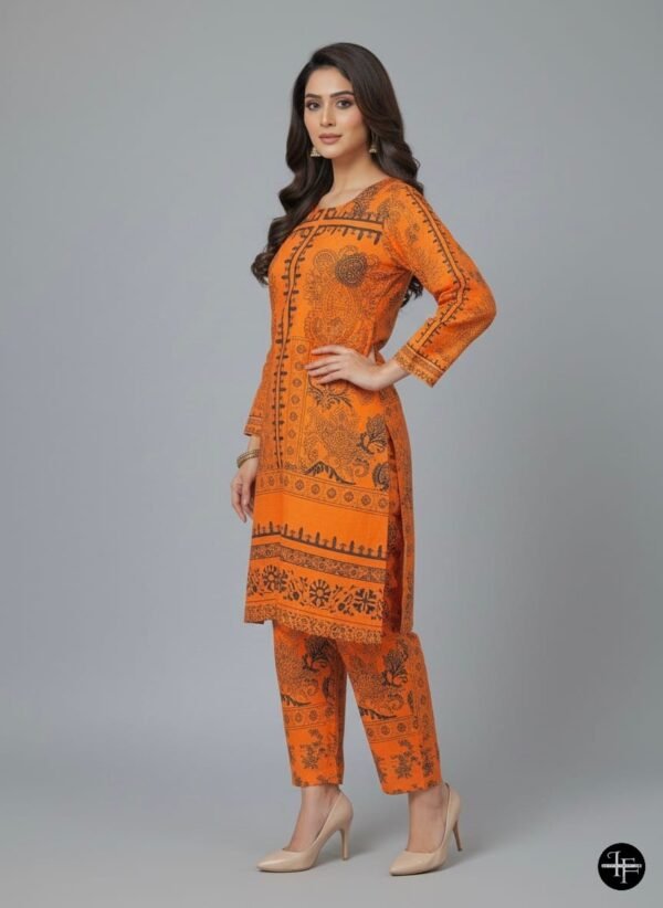 Radiant Orange Traditional Printed Khaddar 2-Piece Suit
