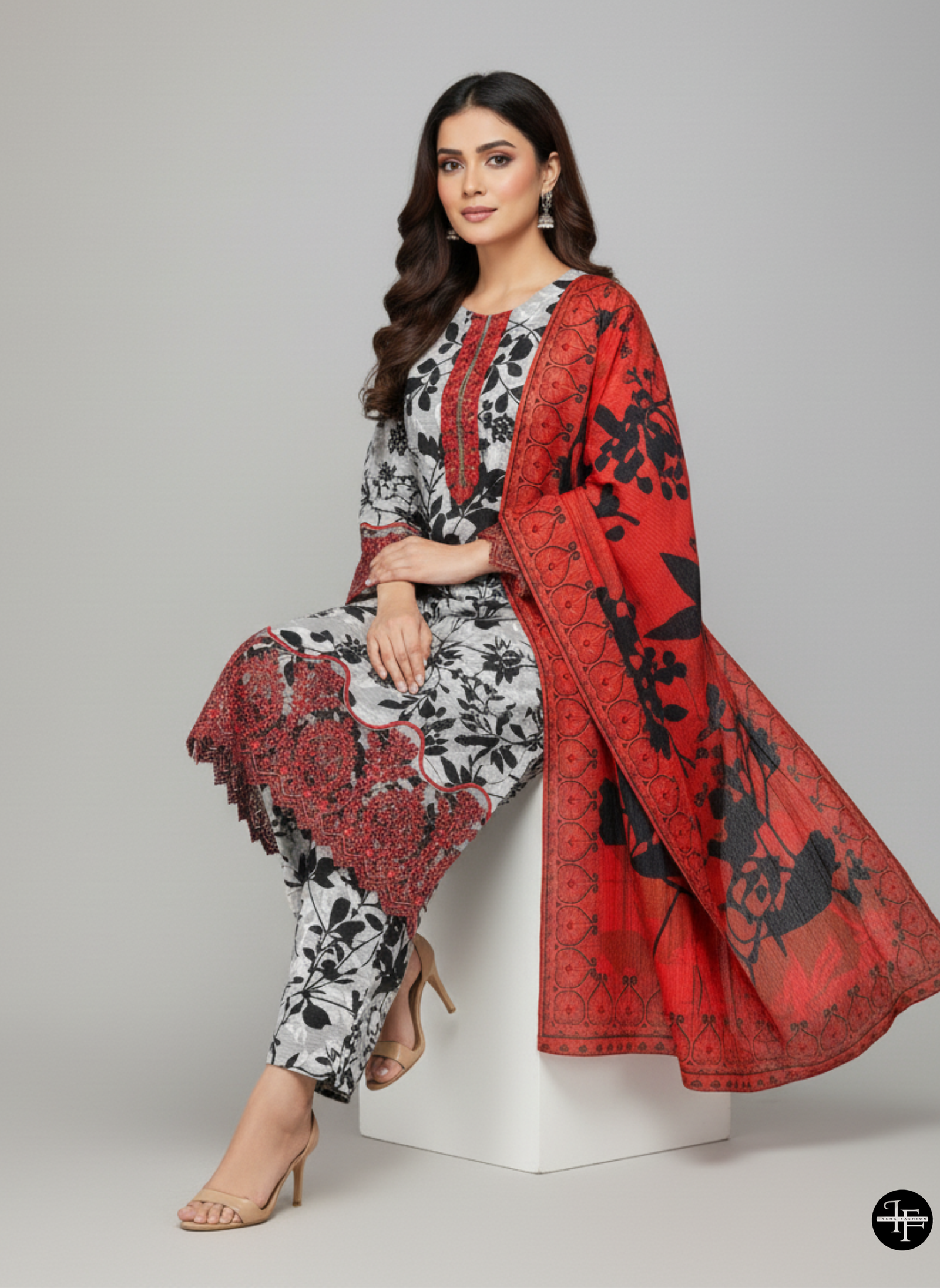 Elegant Black & Red Floral Winter Bana Dora Suit