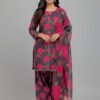 Deep Grey & Hot Pink  Printe Karrandi 3pc Suit