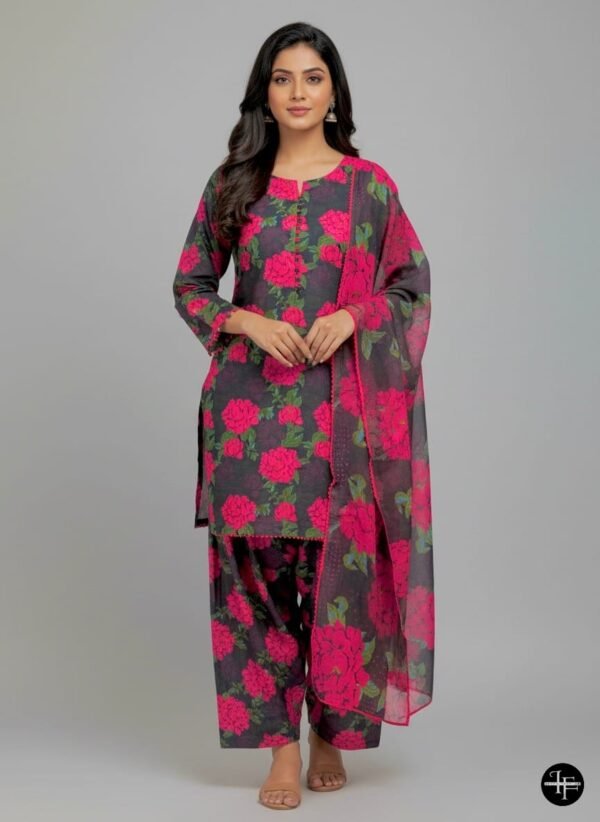 Deep Grey & Hot Pink  Printe Karrandi 3pc Suit