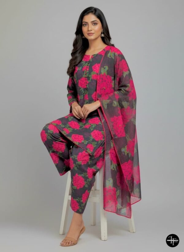 Deep Grey & Hot Pink  Printe Karrandi 3pc Suit