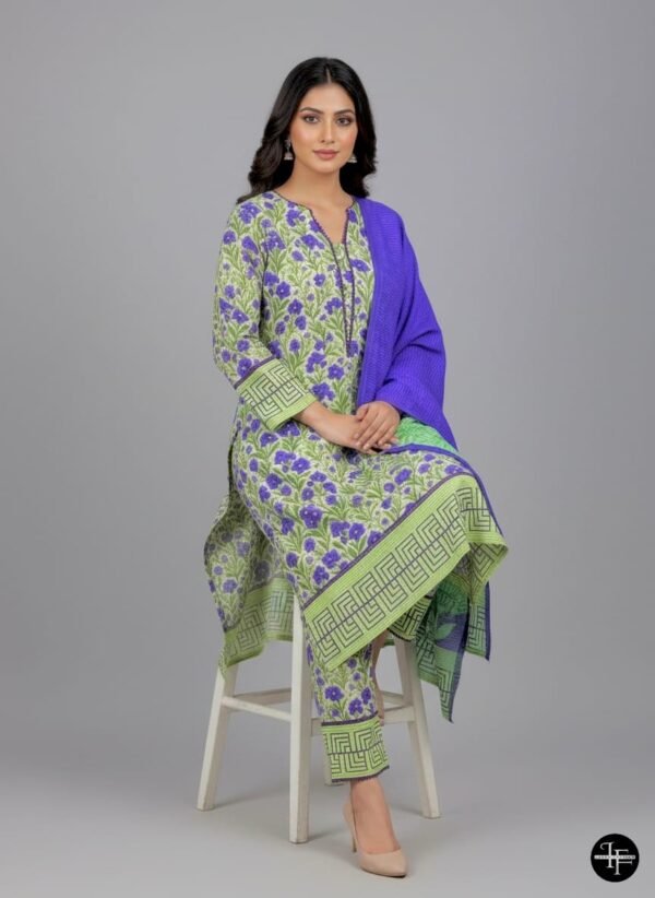 Lime Green and Violet Block  Printes Karrandi 3pc Suit