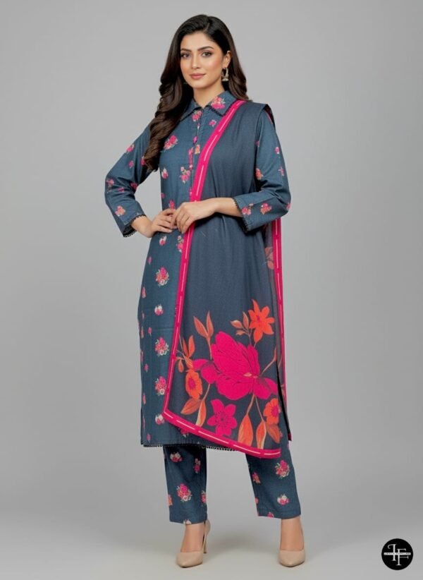 Charcoal Floral Printes Karrandi 3pc Suit
